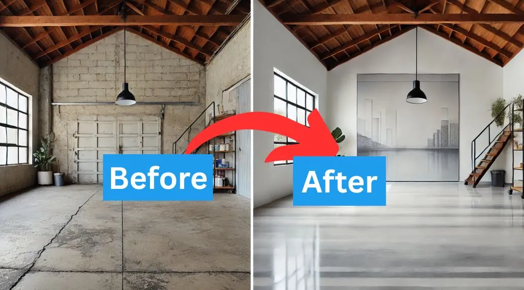 Gallery 1 before and after result of an Epoxy flooring in austin