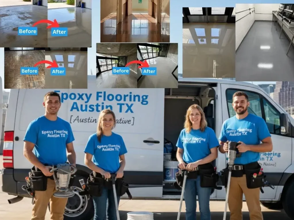 Best Epoxy Flooring Austin TX | Austin Epoxy Floors 5 Epoxy Flooring Austin, Texas's Team is standing n front of the van wearing logo-printed t-shirts.